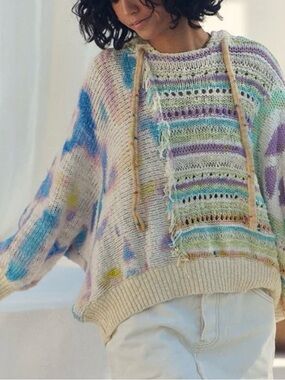 Free People Cream Multicolor Fringe Pullover Sweater